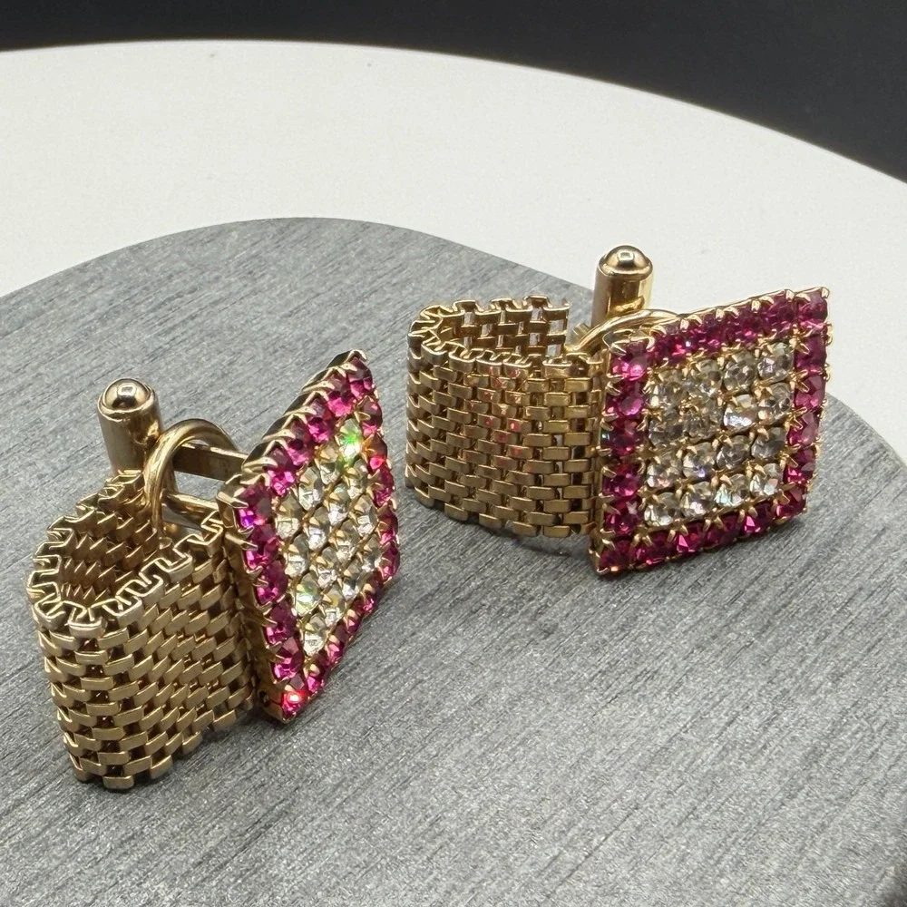 Gold Tone Pink Clear Rhinestone Square Wraparound Mesh Cufflinks Formal Jewelry